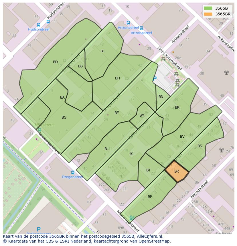 Afbeelding van het postcodegebied 3565 BR op de kaart.