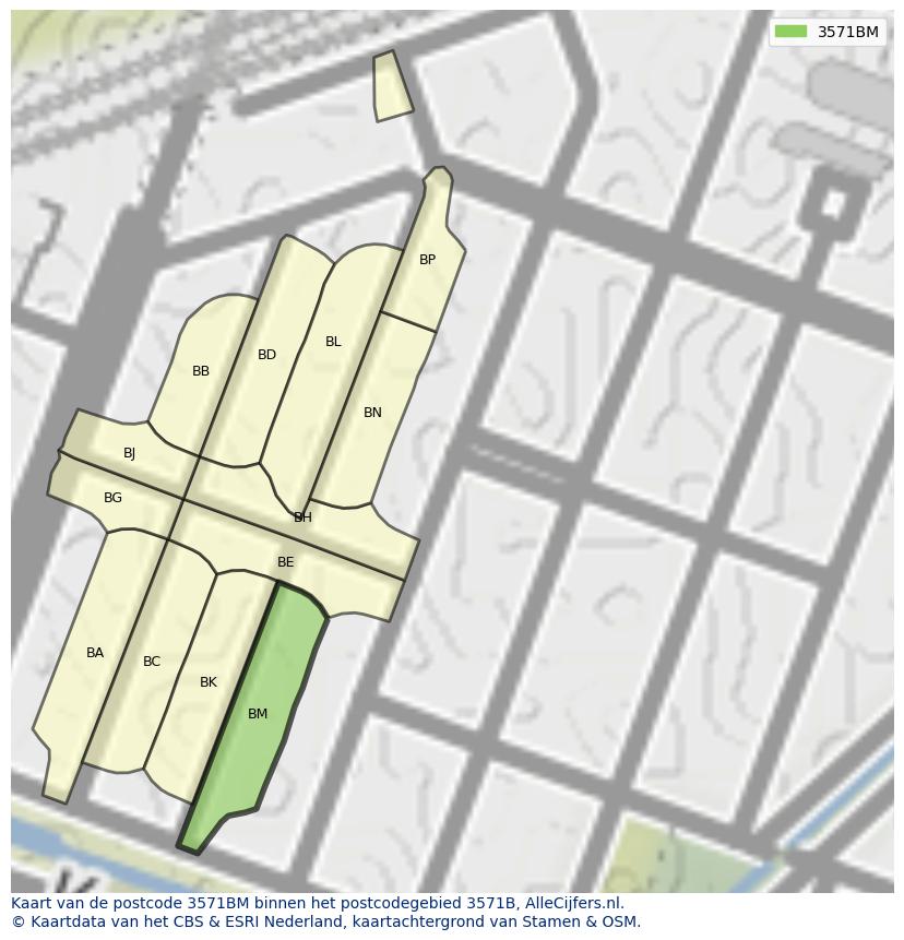 Afbeelding van het postcodegebied 3571 BM op de kaart.
