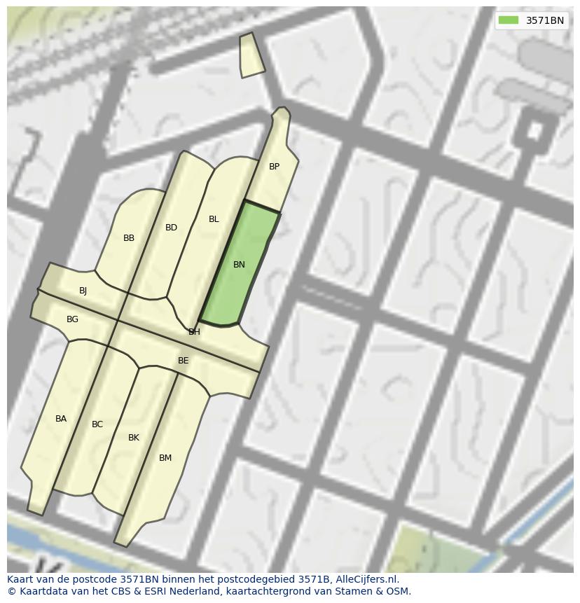 Afbeelding van het postcodegebied 3571 BN op de kaart.