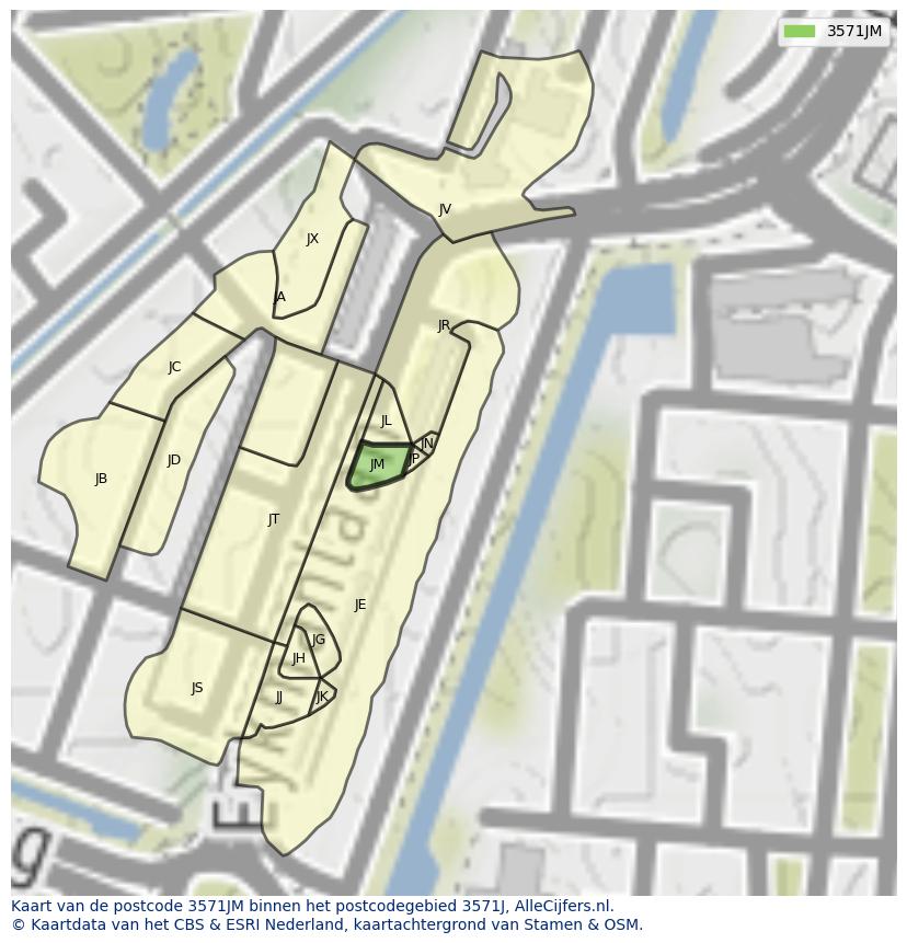 Afbeelding van het postcodegebied 3571 JM op de kaart.