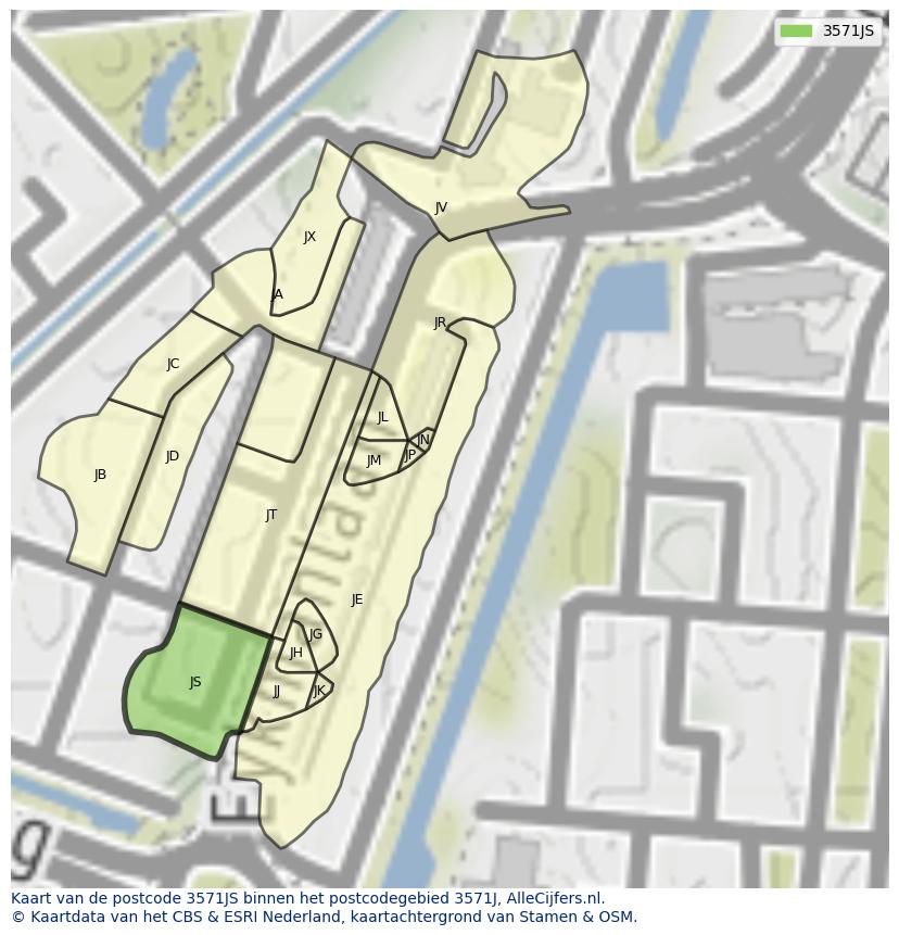 Afbeelding van het postcodegebied 3571 JS op de kaart.