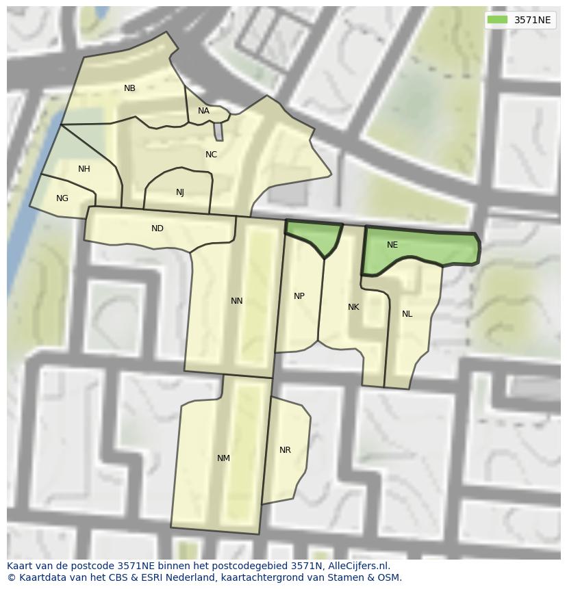 Afbeelding van het postcodegebied 3571 NE op de kaart.