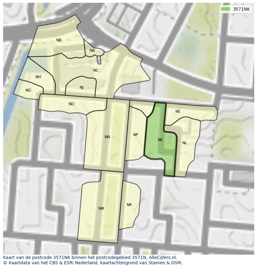 Afbeelding van het postcodegebied 3571 NK op de kaart.