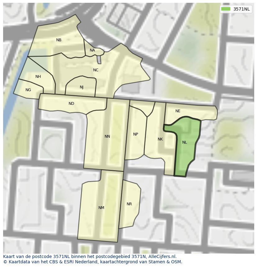 Afbeelding van het postcodegebied 3571 NL op de kaart.