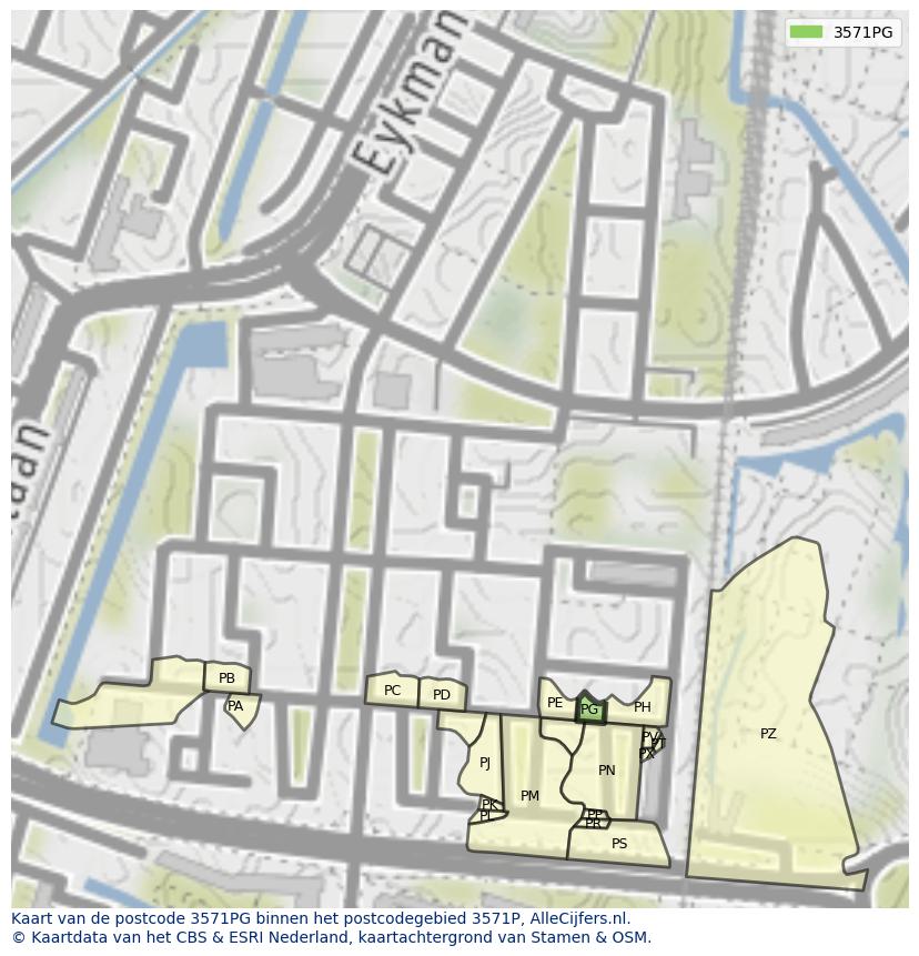 Afbeelding van het postcodegebied 3571 PG op de kaart.