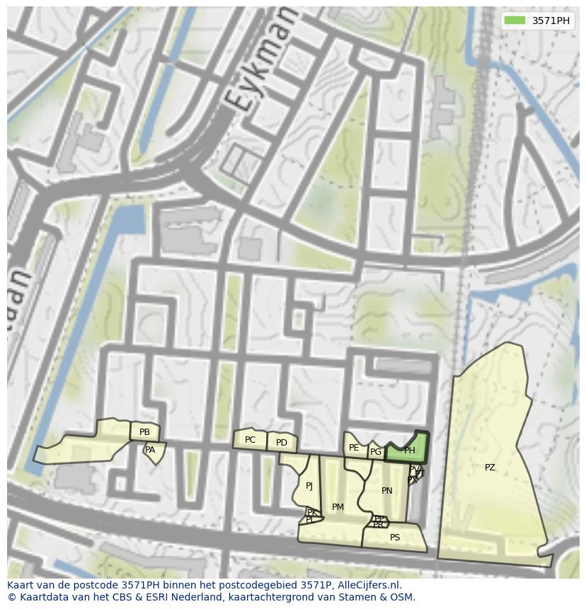 Afbeelding van het postcodegebied 3571 PH op de kaart.