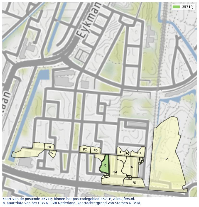Afbeelding van het postcodegebied 3571 PJ op de kaart.