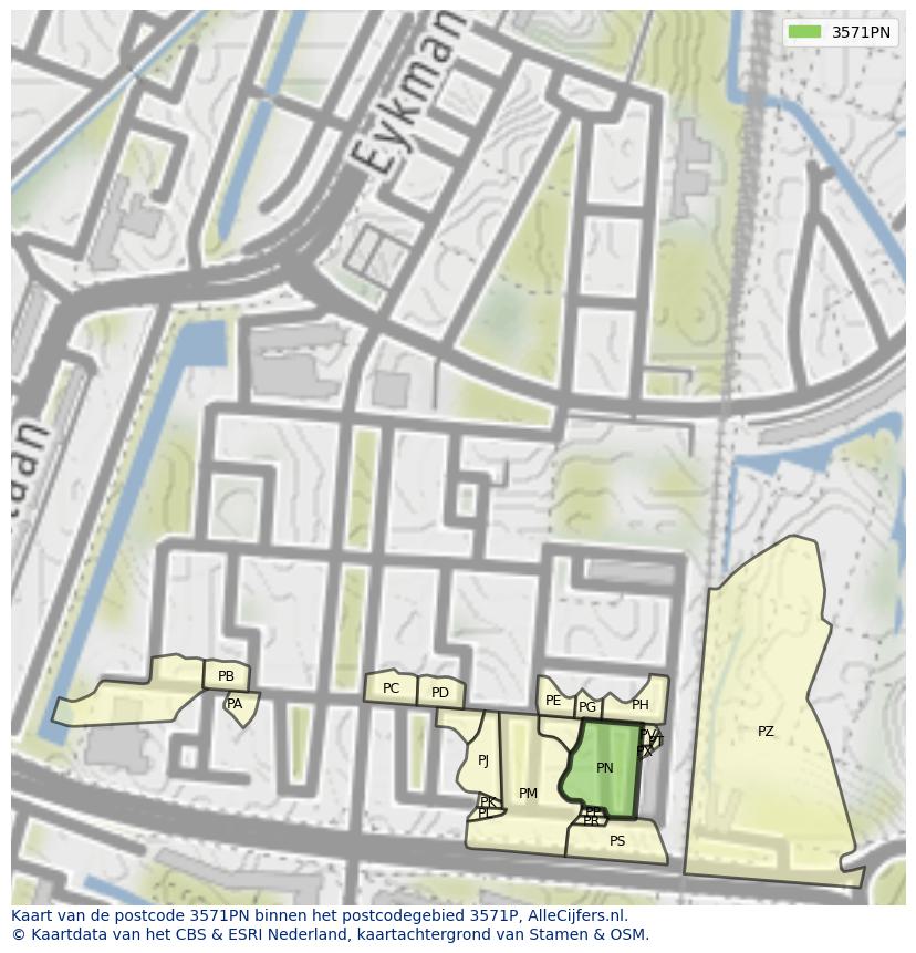 Afbeelding van het postcodegebied 3571 PN op de kaart.