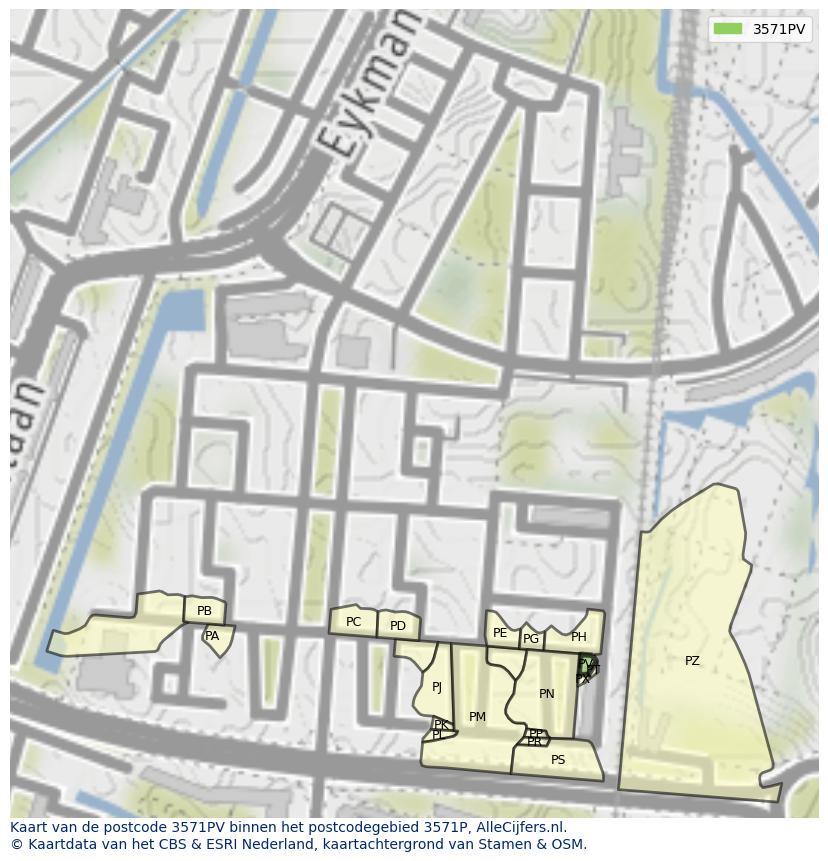 Afbeelding van het postcodegebied 3571 PV op de kaart.