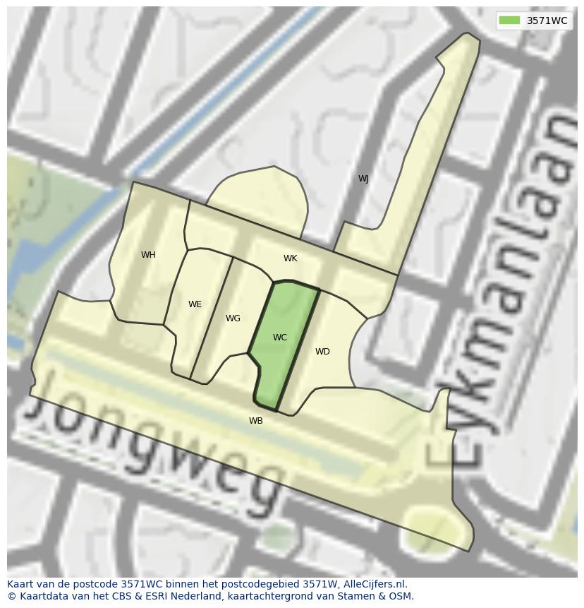 Afbeelding van het postcodegebied 3571 WC op de kaart.