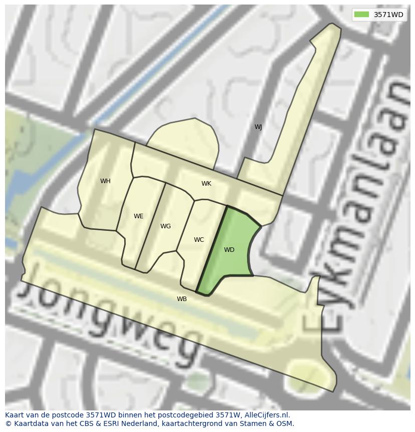 Afbeelding van het postcodegebied 3571 WD op de kaart.