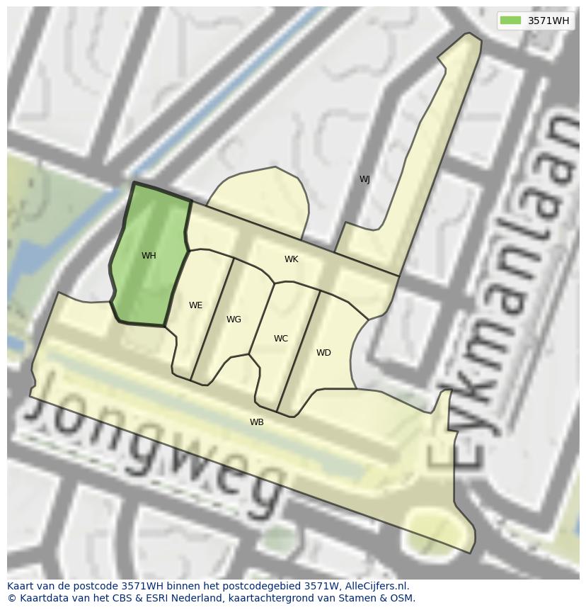 Afbeelding van het postcodegebied 3571 WH op de kaart.