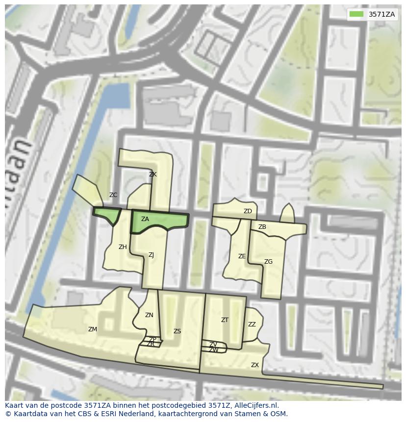 Afbeelding van het postcodegebied 3571 ZA op de kaart.
