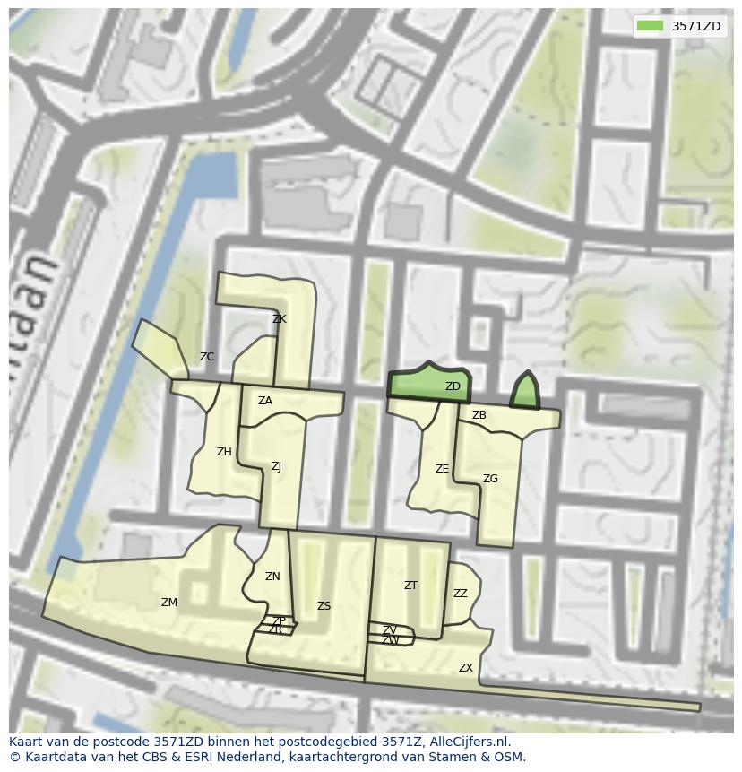 Afbeelding van het postcodegebied 3571 ZD op de kaart.