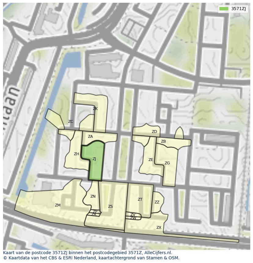 Afbeelding van het postcodegebied 3571 ZJ op de kaart.