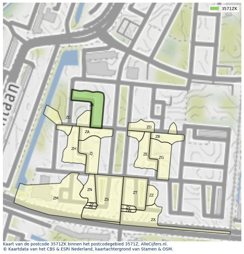 Afbeelding van het postcodegebied 3571 ZK op de kaart.
