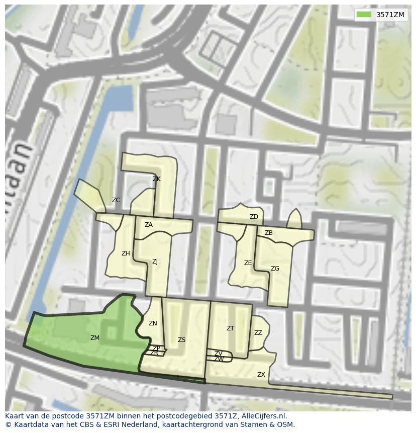 Afbeelding van het postcodegebied 3571 ZM op de kaart.