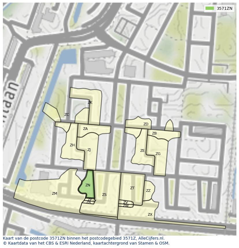 Afbeelding van het postcodegebied 3571 ZN op de kaart.