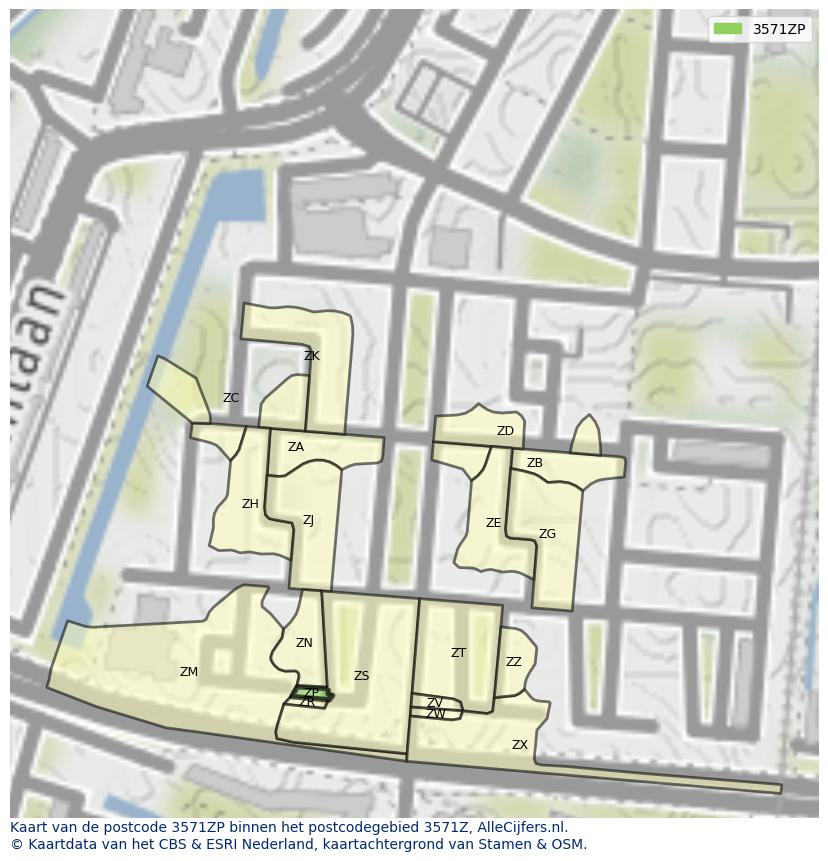 Afbeelding van het postcodegebied 3571 ZP op de kaart.