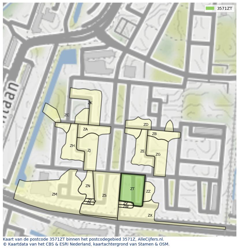 Afbeelding van het postcodegebied 3571 ZT op de kaart.