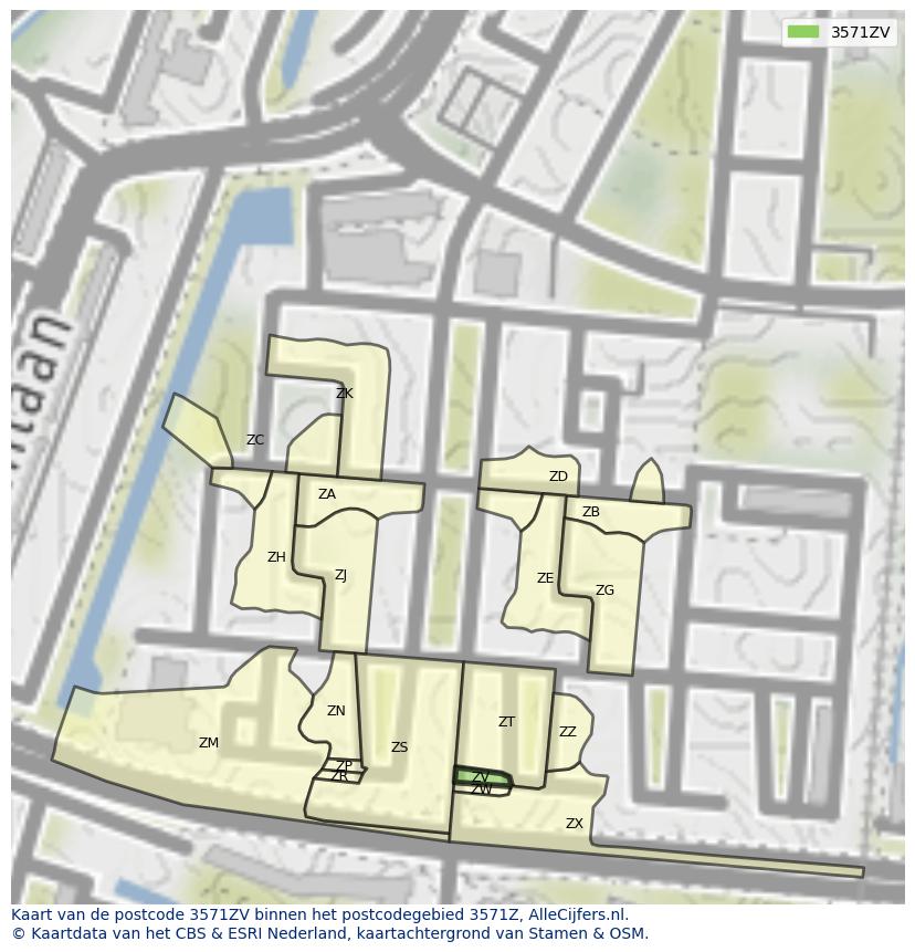 Afbeelding van het postcodegebied 3571 ZV op de kaart.