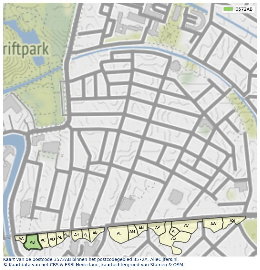 Afbeelding van het postcodegebied 3572 AB op de kaart.
