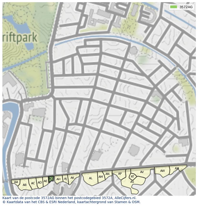 Afbeelding van het postcodegebied 3572 AG op de kaart.