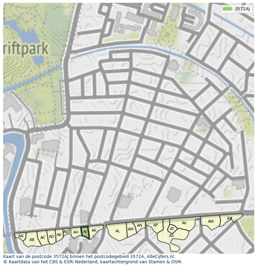 Afbeelding van het postcodegebied 3572 AJ op de kaart.