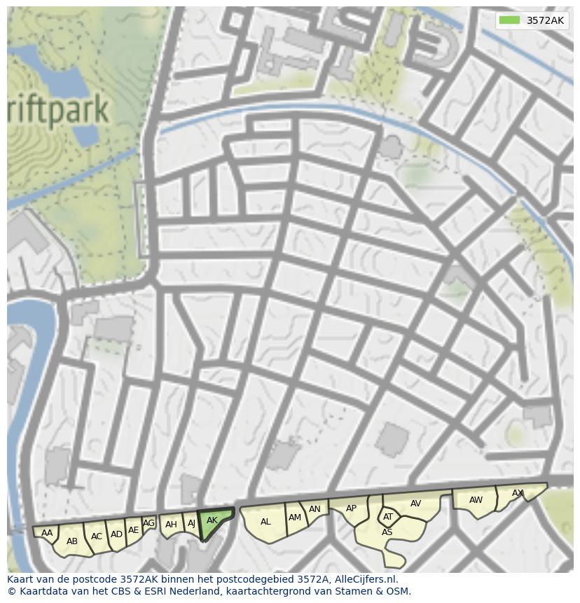 Afbeelding van het postcodegebied 3572 AK op de kaart.