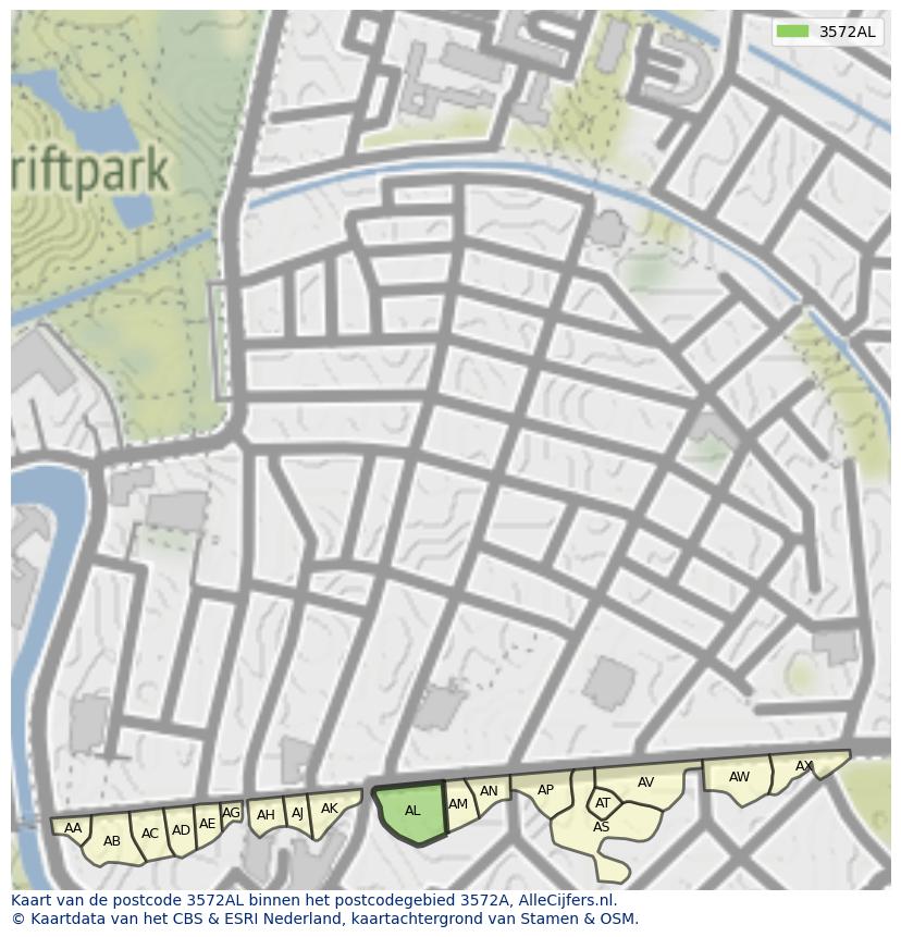Afbeelding van het postcodegebied 3572 AL op de kaart.