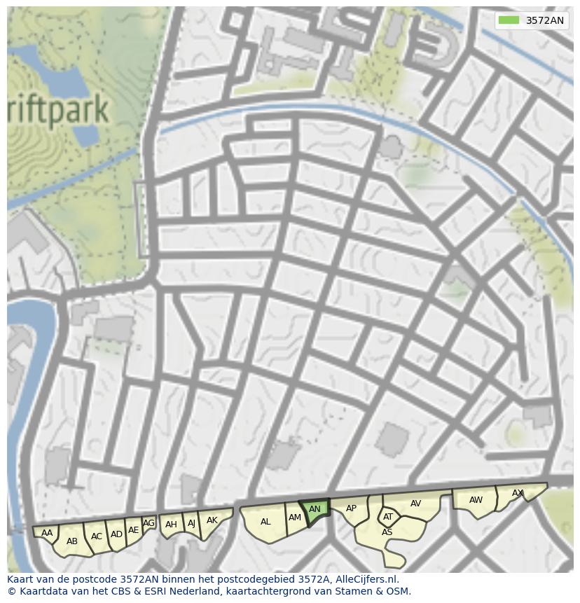 Afbeelding van het postcodegebied 3572 AN op de kaart.