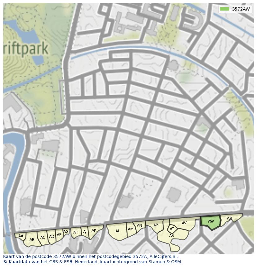 Afbeelding van het postcodegebied 3572 AW op de kaart.