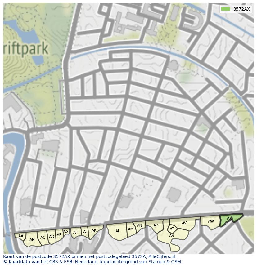 Afbeelding van het postcodegebied 3572 AX op de kaart.