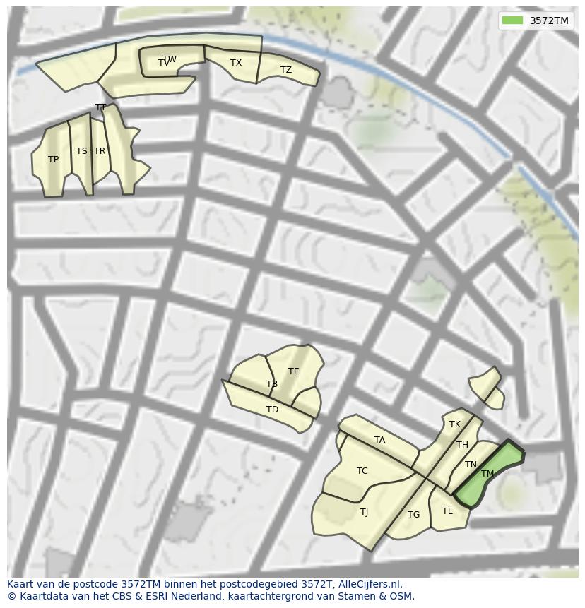 Afbeelding van het postcodegebied 3572 TM op de kaart.