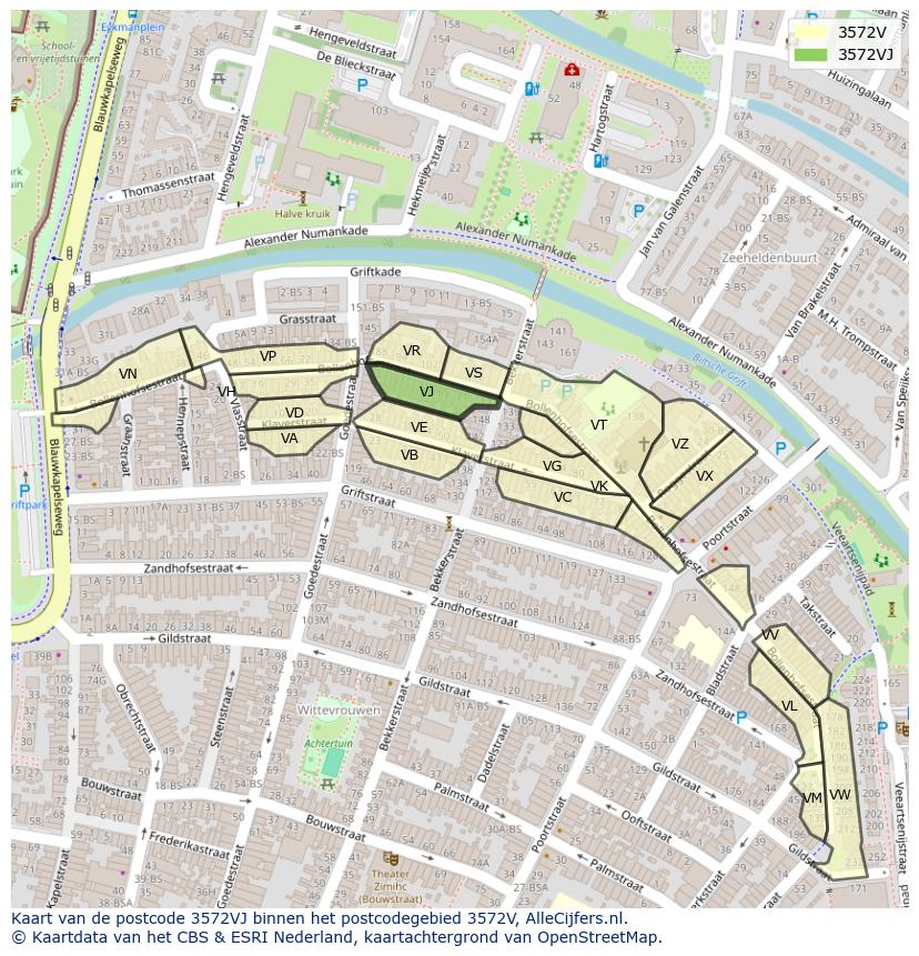 Afbeelding van het postcodegebied 3572 VJ op de kaart.