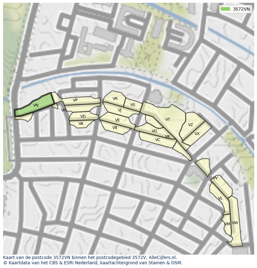 Afbeelding van het postcodegebied 3572 VN op de kaart.