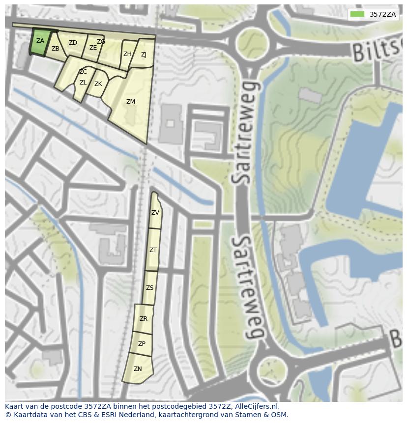 Afbeelding van het postcodegebied 3572 ZA op de kaart.