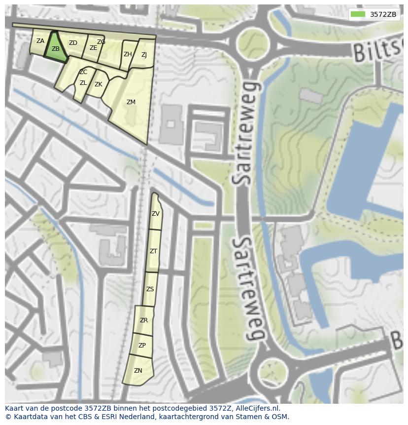 Afbeelding van het postcodegebied 3572 ZB op de kaart.