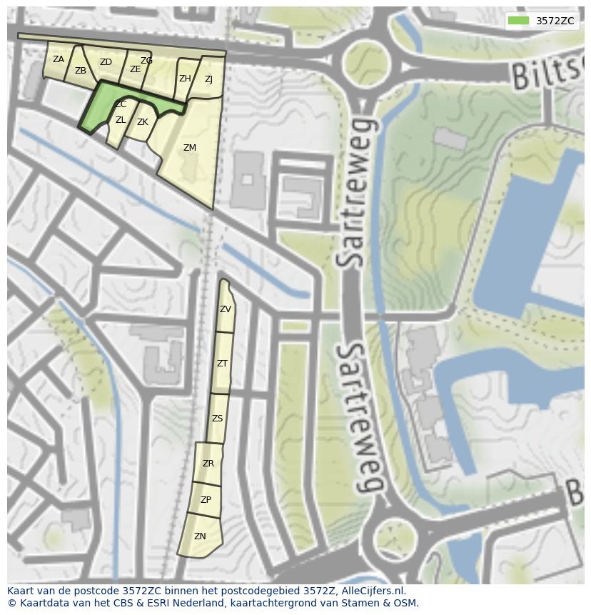 Afbeelding van het postcodegebied 3572 ZC op de kaart.