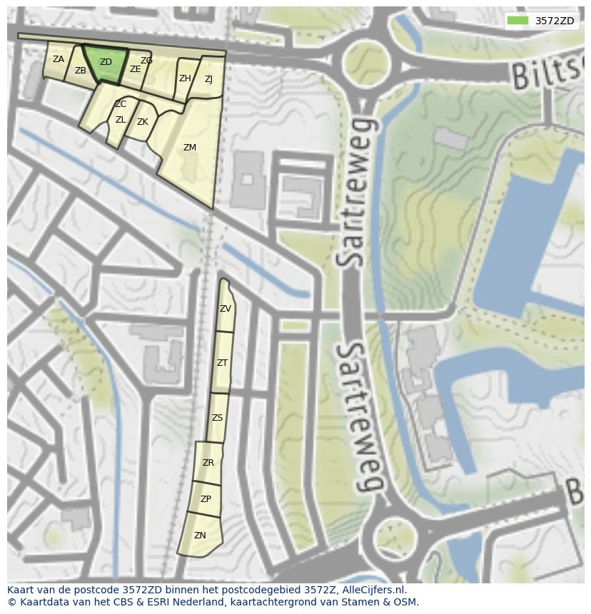 Afbeelding van het postcodegebied 3572 ZD op de kaart.