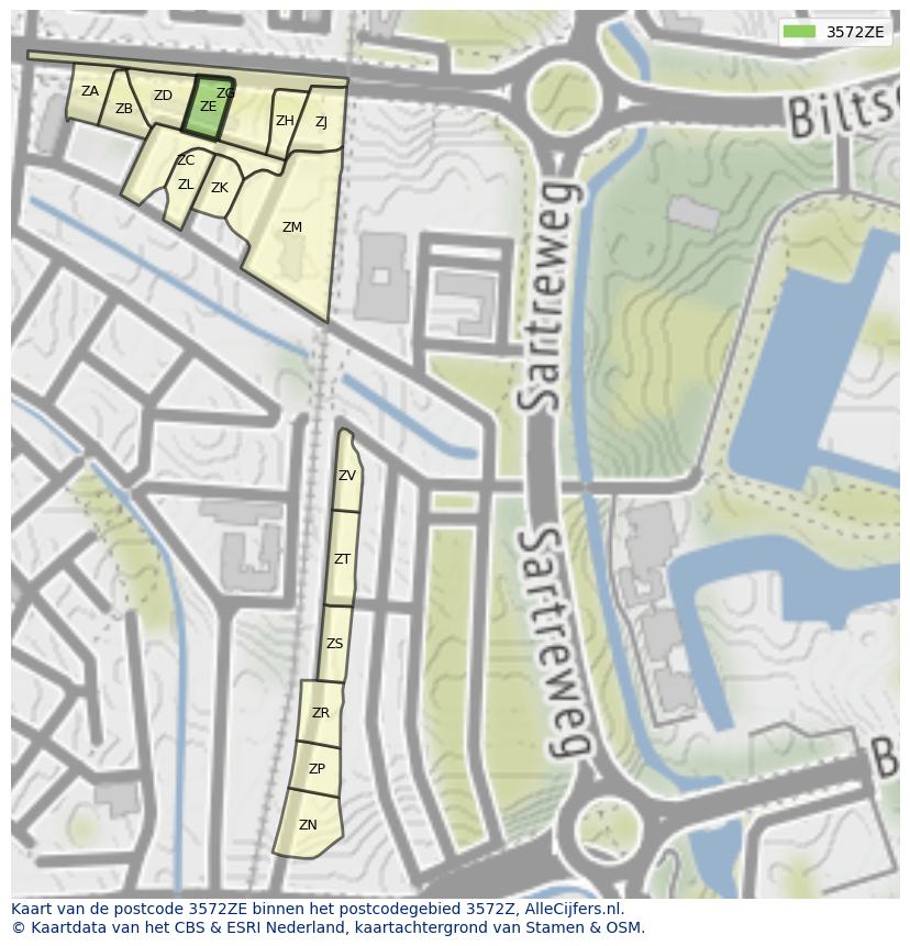 Afbeelding van het postcodegebied 3572 ZE op de kaart.