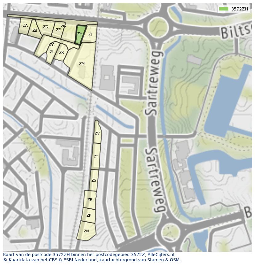 Afbeelding van het postcodegebied 3572 ZH op de kaart.