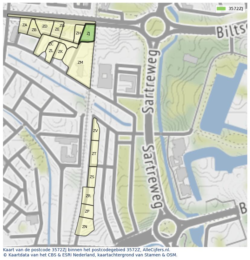 Afbeelding van het postcodegebied 3572 ZJ op de kaart.