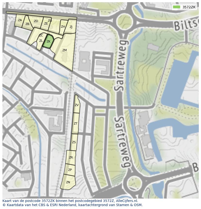 Afbeelding van het postcodegebied 3572 ZK op de kaart.