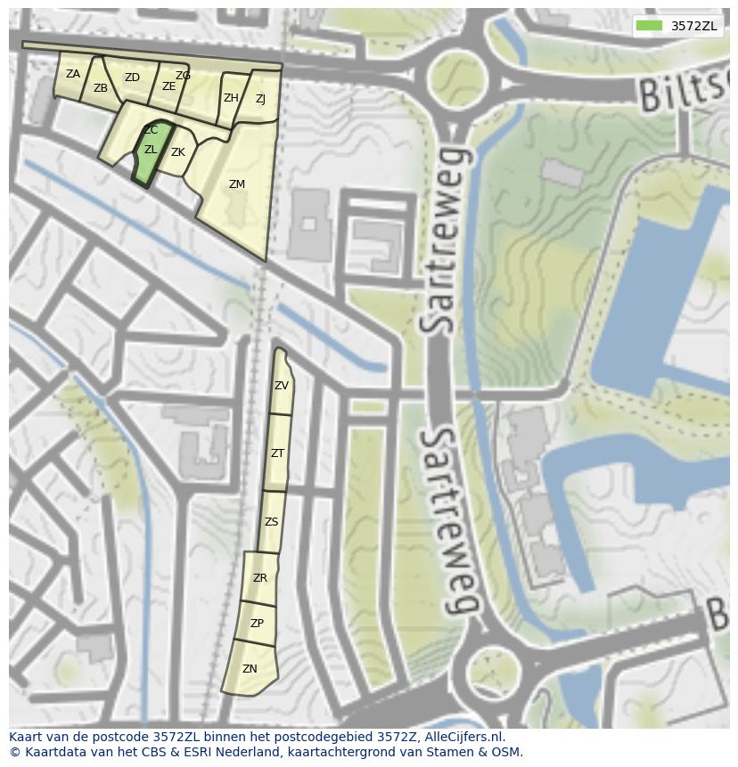 Afbeelding van het postcodegebied 3572 ZL op de kaart.