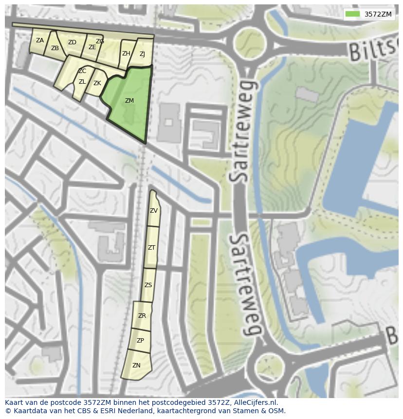 Afbeelding van het postcodegebied 3572 ZM op de kaart.