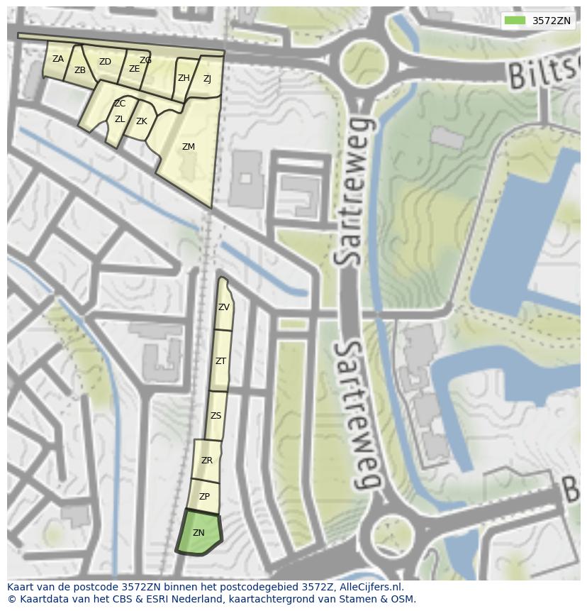 Afbeelding van het postcodegebied 3572 ZN op de kaart.