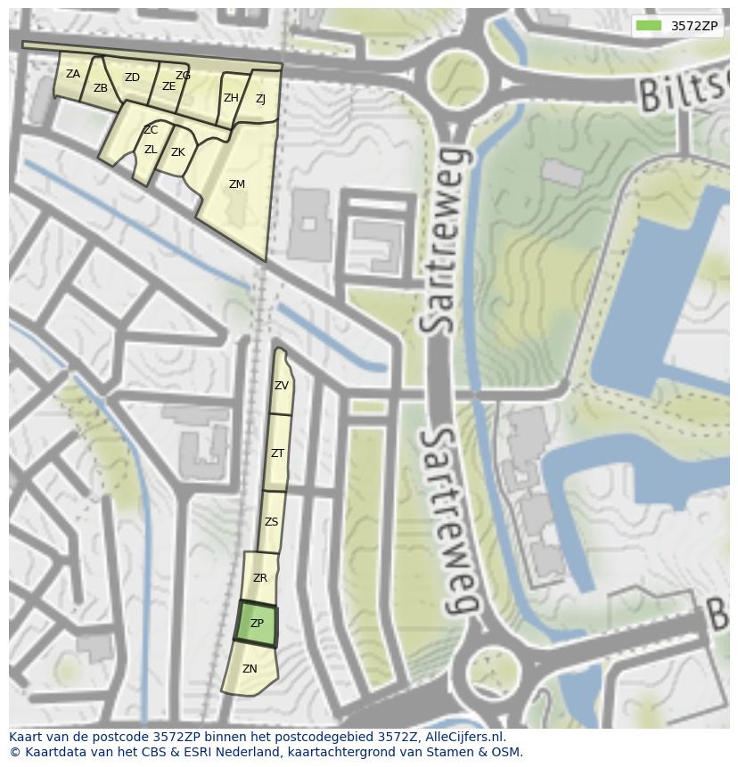 Afbeelding van het postcodegebied 3572 ZP op de kaart.