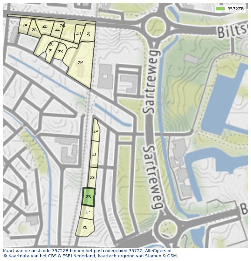 Afbeelding van het postcodegebied 3572 ZR op de kaart.
