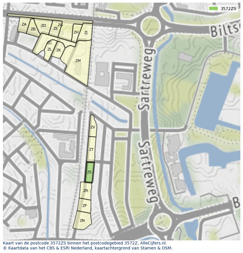 Afbeelding van het postcodegebied 3572 ZS op de kaart.